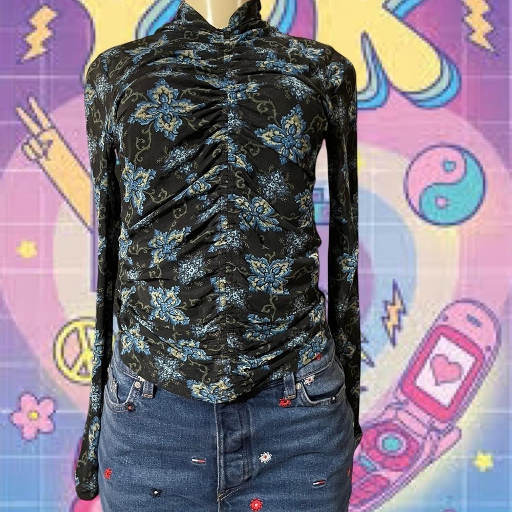 Jane And Delancey Black And Blue Floral Ruched Blouse